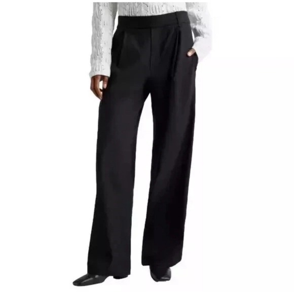 NEW VINCE Women's L Linen Blend Black Wide Leg Pleated Elastic PullOn Pants $325 - Picture 1 of 15